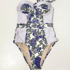 Anthropologie Swim Purple Lavender Floral Striped One-Piece Underwire Bra, XS